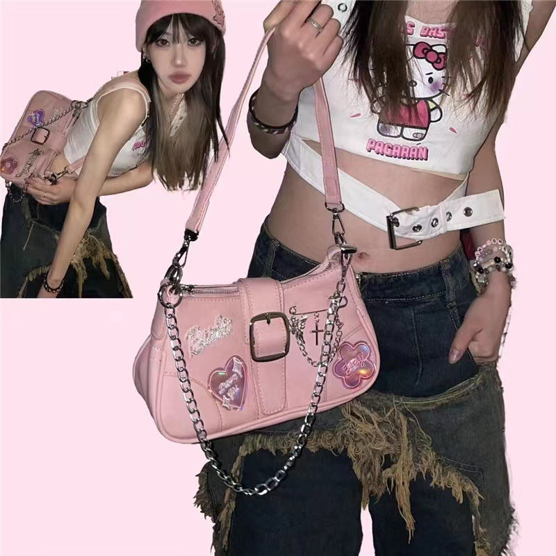 Chain Crossbody Original Sweet And Spicy Bag Laser Love Sweet Cool Girl Y2K Niche Design Small Bag Spice Underarm Bag