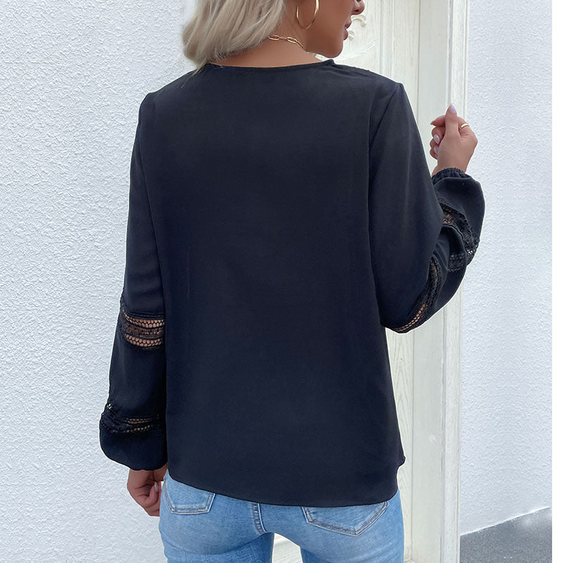 Spring And Autumn  Long-Sleeve Lace Stitching Shirt Set Head V-Neck Hollow Shirt Women's Wear