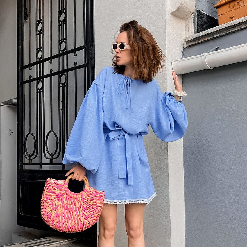 Spring Casual Fashion Blue Crepe Loose V-Neck Puffy Sleeve Lace-Up Dress Lace Skirt