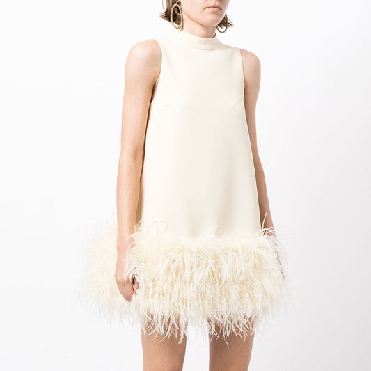 Wind Ostrich Hair Skirt Autumn Niche Design Sense Half High Neck Sleeveless Solid Color Straight Shift Dress