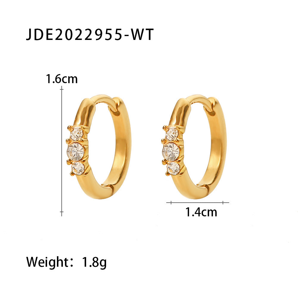 5pcs Women's Fashion All-Match Titanium Steel Earrings 18K Gold Plated With Three White Diamonds Round Ear