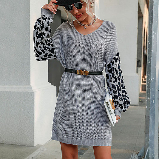 Autumn and Winter Chic Leopard Fur Dress: Women's Long-Sleeved V-Neck Fashion Statement