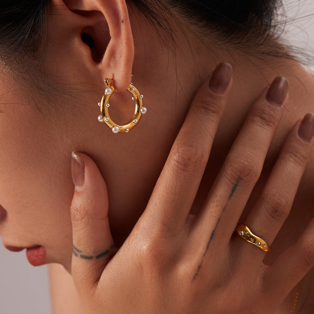 5pcs New Titanium Steel Ring Earrings 18K Stainless Steel Inlaid Pearl Zircon Earrings For Women