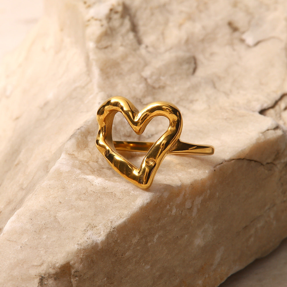 5pcs Ring Female Design Niche Blogger Hammer Heart Light Luxe Titanium Steel Gold Plated Non-Fade Ring