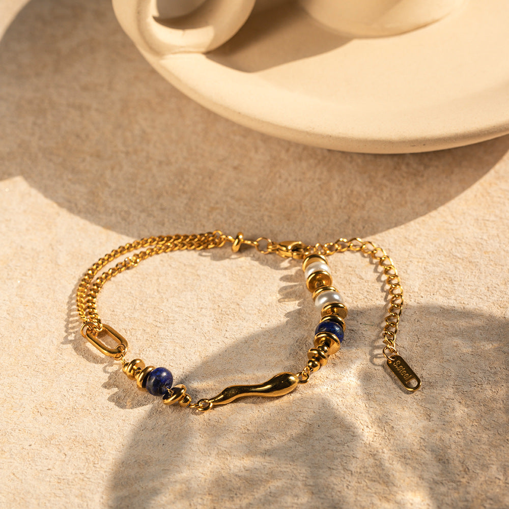 5pcs New 18K Stainless Steel Pearl Set With Lapis Lazuli Drop Bracelet Accessories