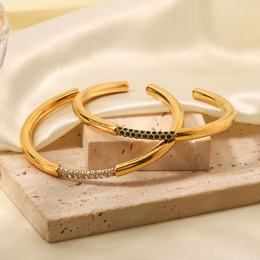 5pcs Design 18K Gold Stainless Steel Inlaid With Green Diamond Open Bracelet Vacuum Electroplating Fashion Hand Jewelry