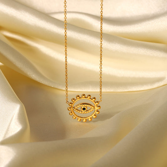 5pcs Fashion Vintage Hollow Round Eyes Round Pendant Necklace Style 18K Gold Stainless Steel Collar For Ladies