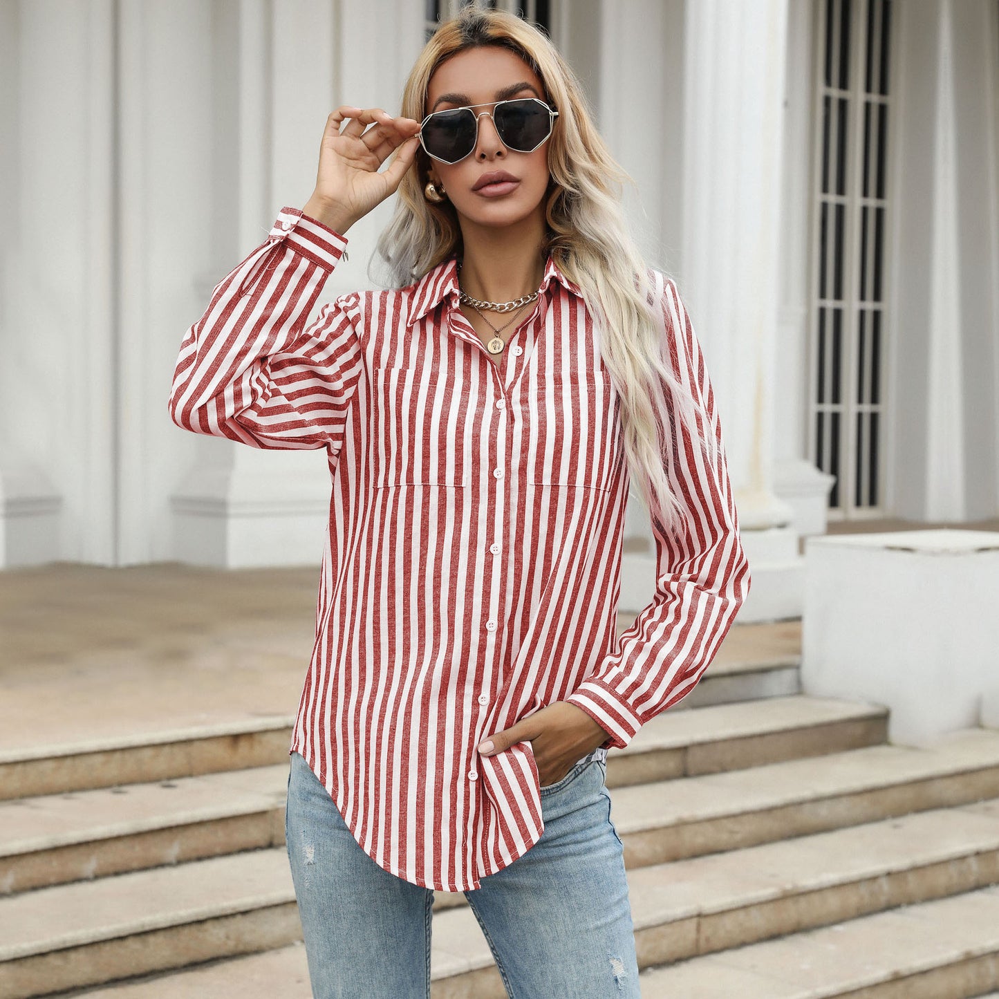 Autumn New Button Cardigan Striped Shirt Lapel Shirt Long Sleeve Commuter Shirt Woman