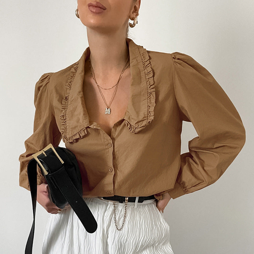 Brown Cotton Pleated Baggy Lapel Blouse New Fall Fashion Top