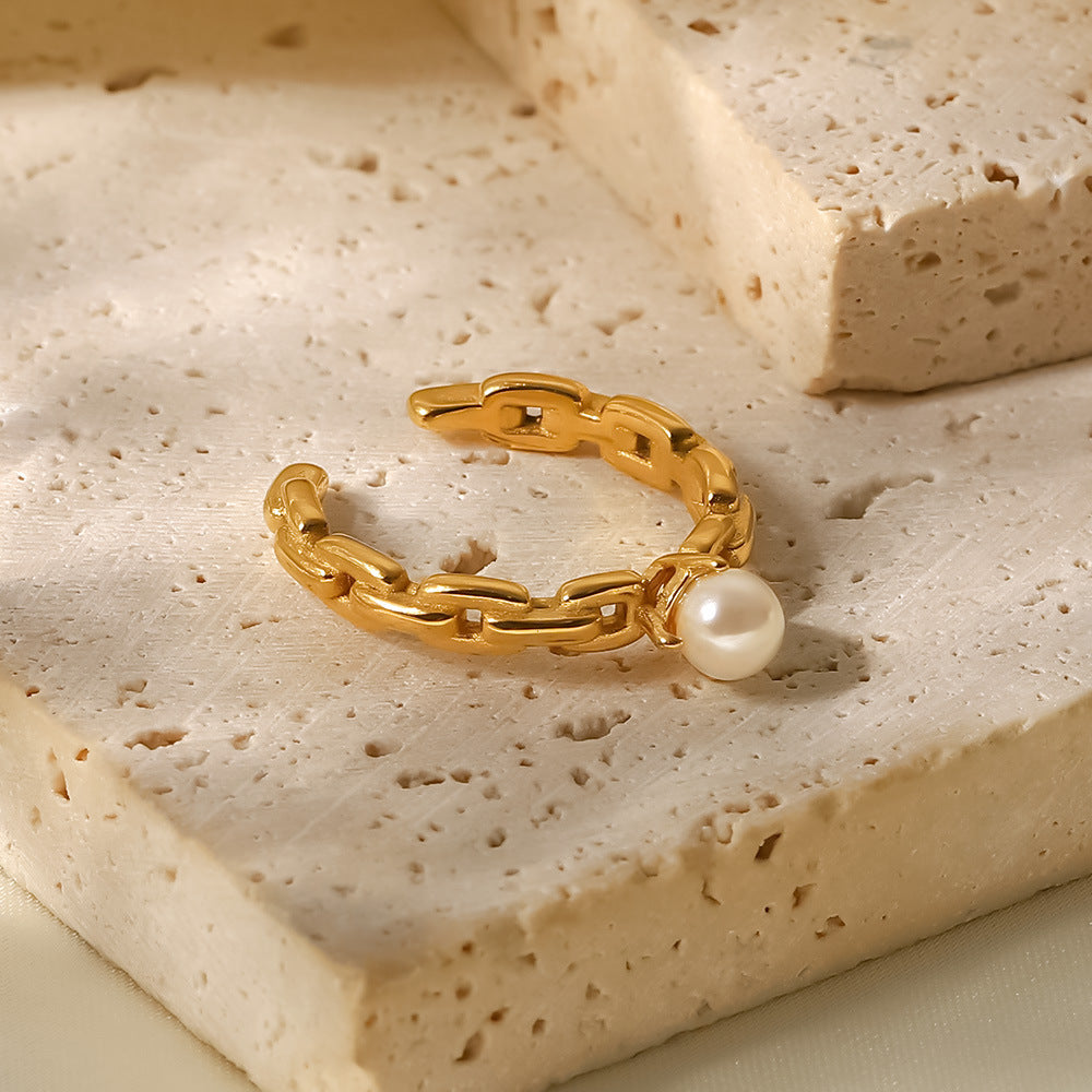 5pcs Women's Simple Geometric Titanium Steel Ring 18K Gold Chain Ring Pearl Earrings Fashion All-Match Ring