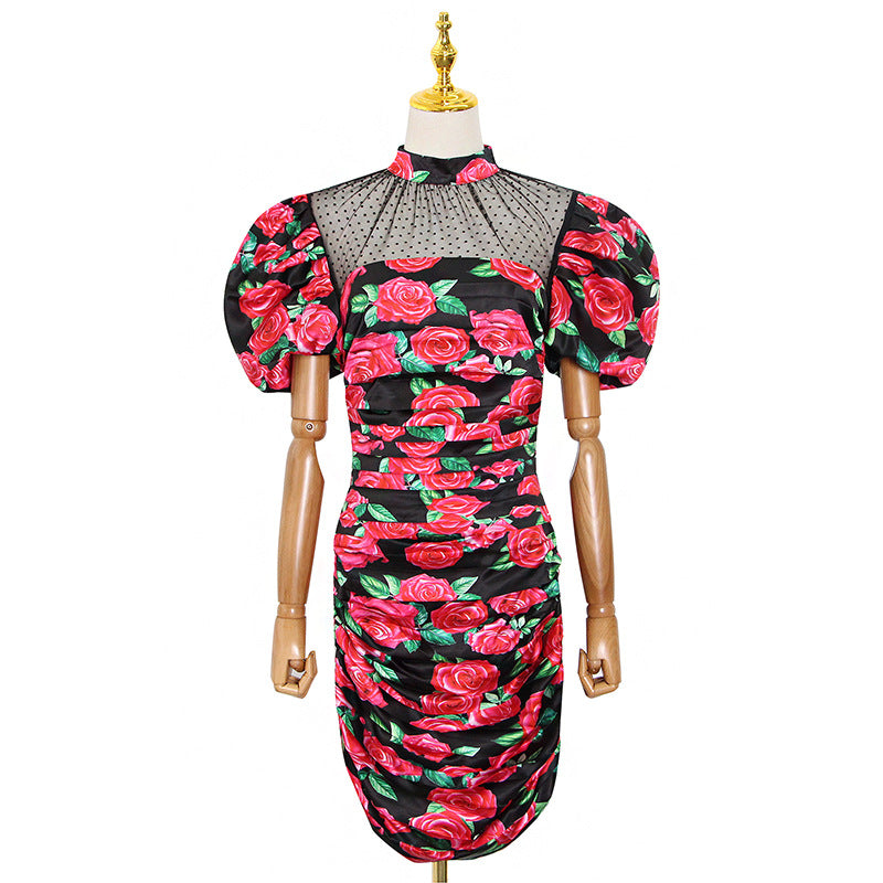 Spring Print Slim-Fit Wrap Hip Bubble Sleeve Net Sexy Temperament Holiday Dress