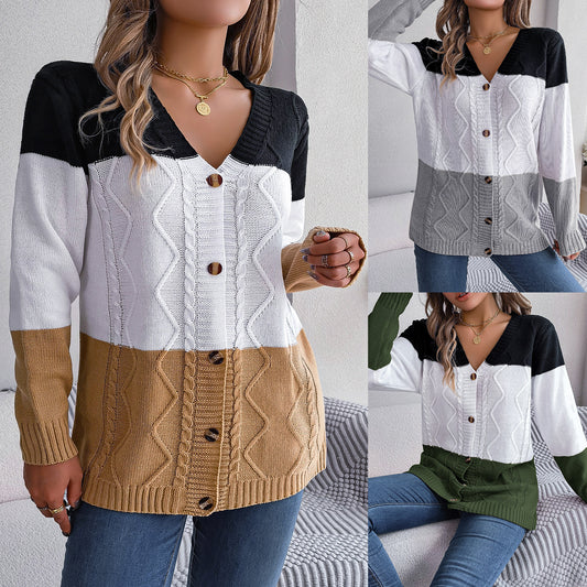 Style Autumn And Winter Casual Color Contrast Button Long Sleeve Sweater Cardigan Coat Women's Wear
