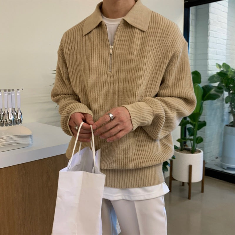 Polo Neck Sweater Men's Winter Thickened Loose Half Zip Knit Autumn And Winter Lazy Day Vintage Fashion Coat