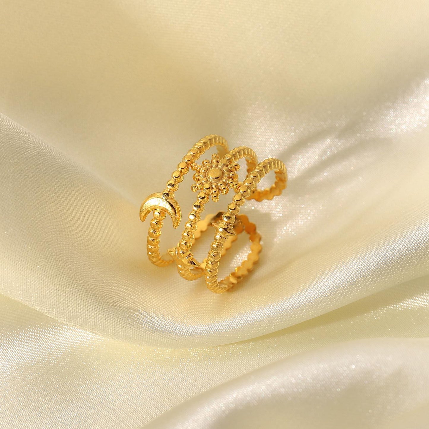 5pcs Hot Three-Layer Starmoon Open Ring 18K Gold Plated Stainless Steel Women's Popular Jewelry Ring