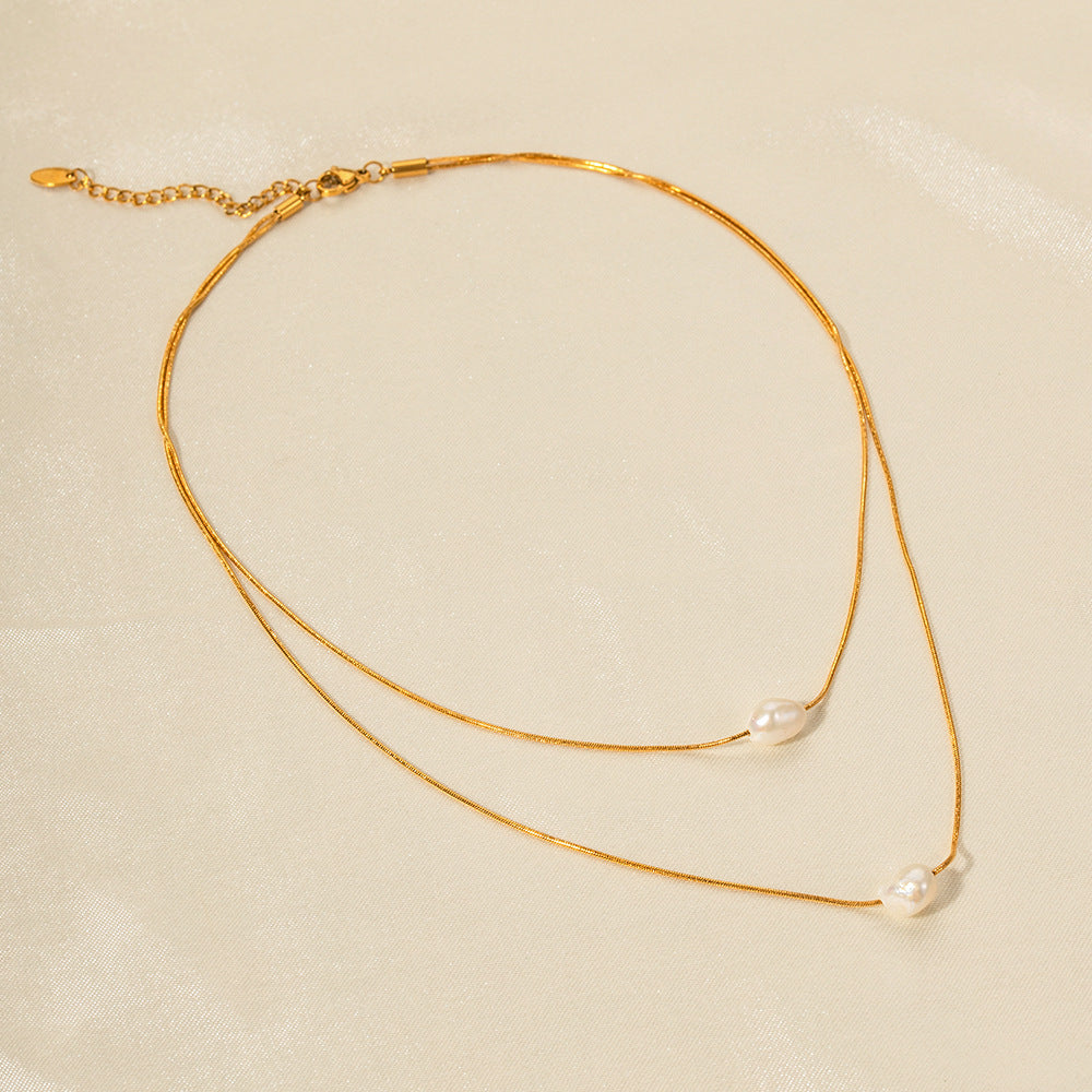 5pcs New Pearl Necklace 18K Gold Stainless Steel Inlaid Light Pearl Double-Layer Non-Fading Necklace