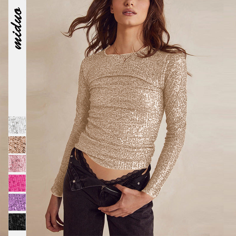 Beaded T-Shirt Women's Sense Sequin Solid Color Sequin Long Sleeve Crew Neck Base Spice Top