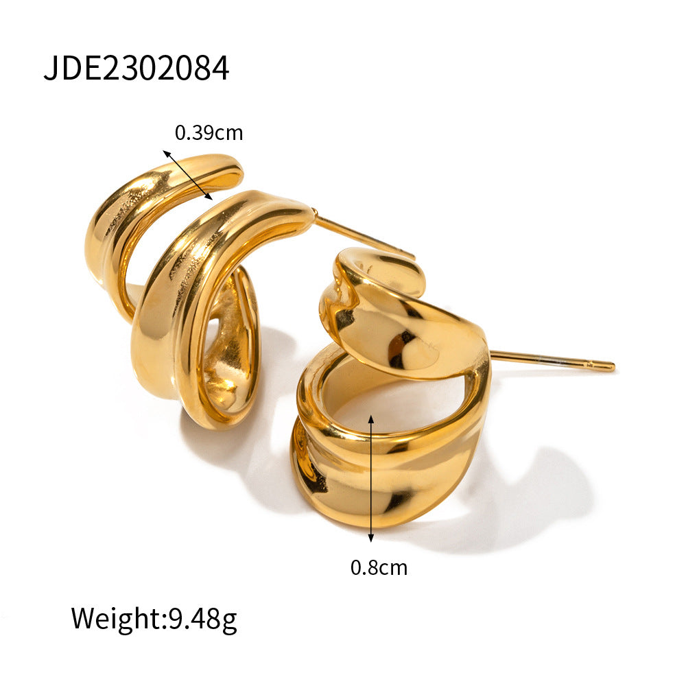5pcs New Style All-Match 18K Gold Stainless Steel Curved Hollow Earrings Fashion Style Design Sense Earrings