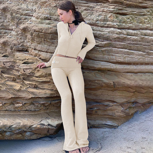 New Knitted Hooded Women's Fashion Sexy High-Waisted Long-Sleeved Trousers Two-Piece Set