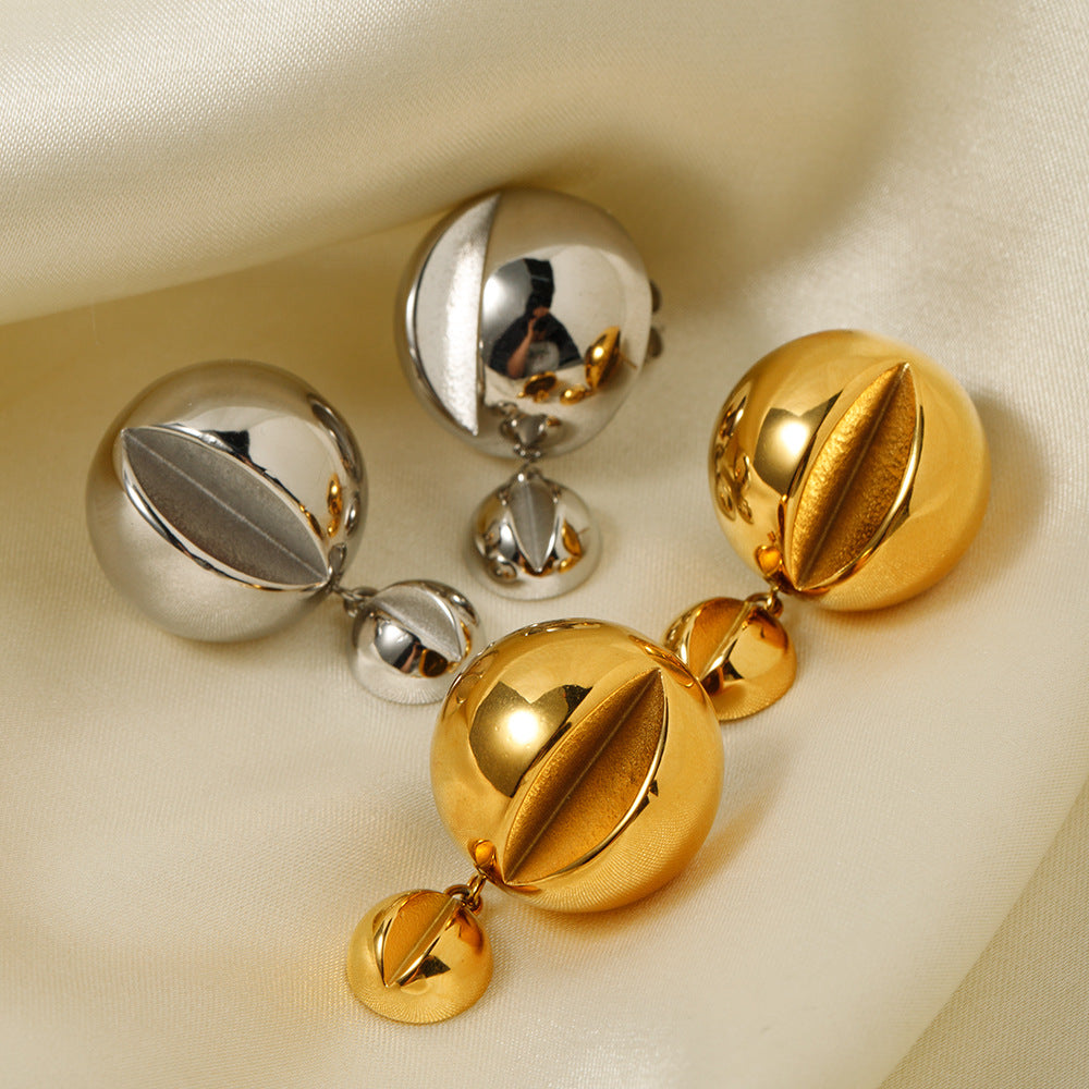 5pcs 18-Karat Gold Stainless Steel Bright Side Hemisphere Double Ball Pendant Earrings Stainless Steel Jewelry