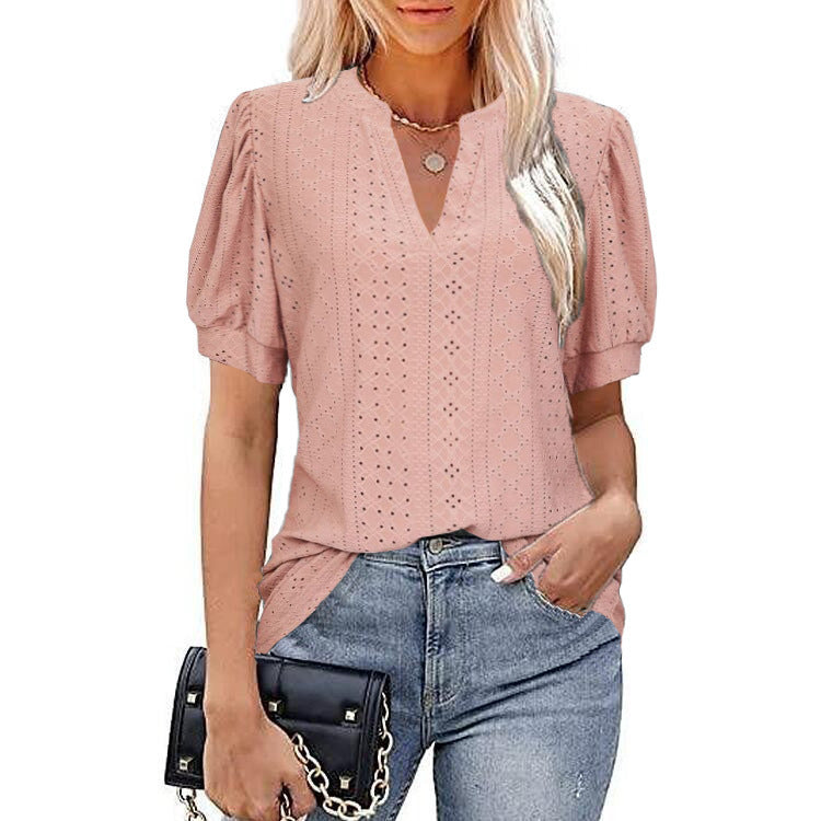 Spring And Summer Casual V-Neck Solid Color Hollow Puffy Sleeve Loose T-Shirt