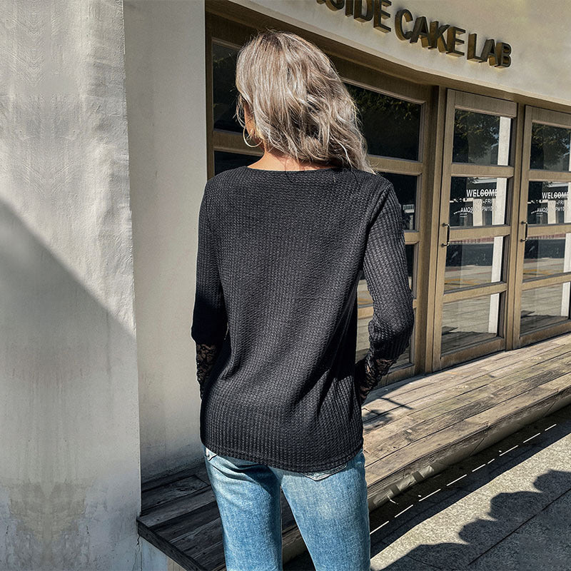 Early Autumn Casual Women's Long-Sleeved Lace Bottom Black Knitwear