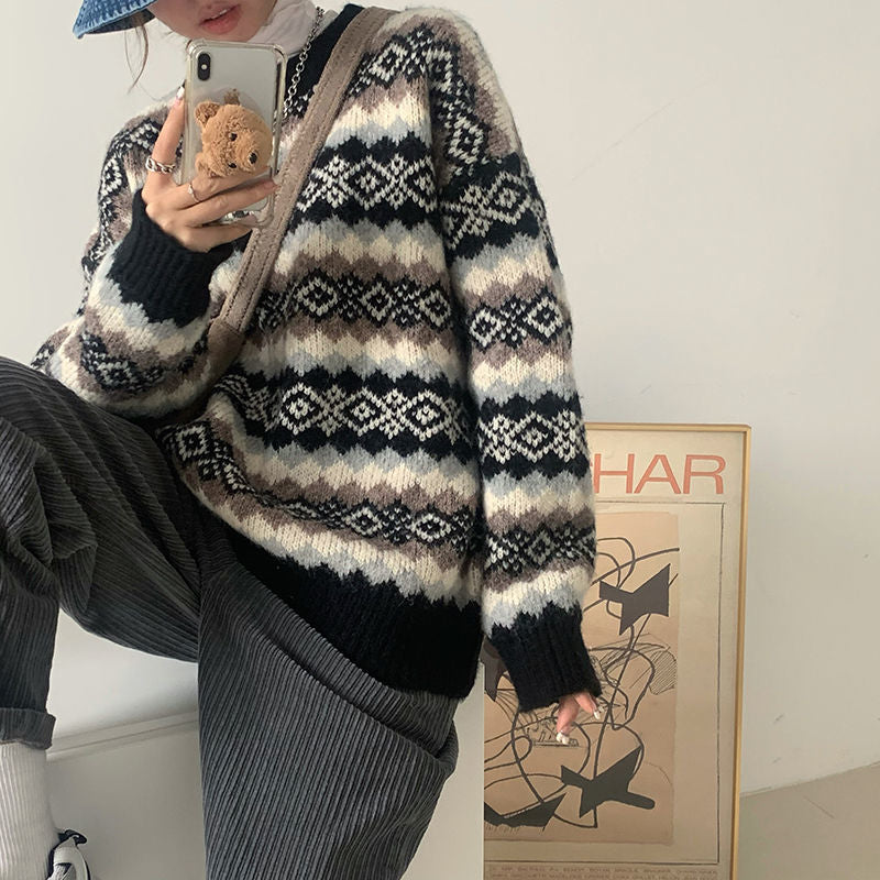 Christmas Lazy Sweater Female Autumn And Winter New Version Of Students Loose Pullover Round Neck Knitted Top Female