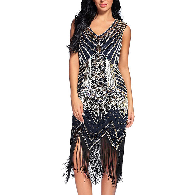 Vintage Style Sequined Beaded Dress Front And Back V-Neck Fashion Fringe Dress Exploded