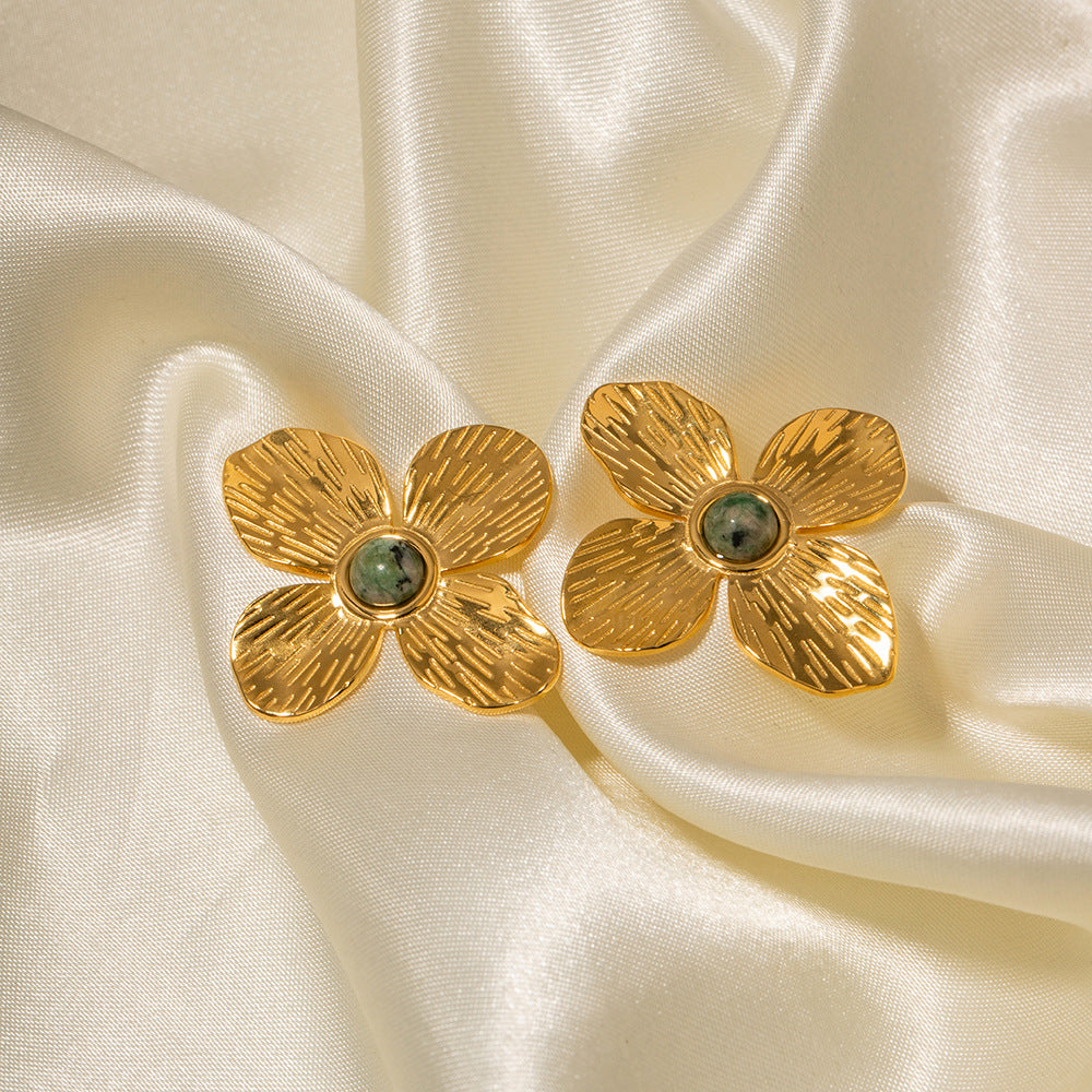 5pcs Palace 18-Karat Gold Radial Set With Natural African Turquoise Four-Petal Flower Earrings Design Sense Earrings