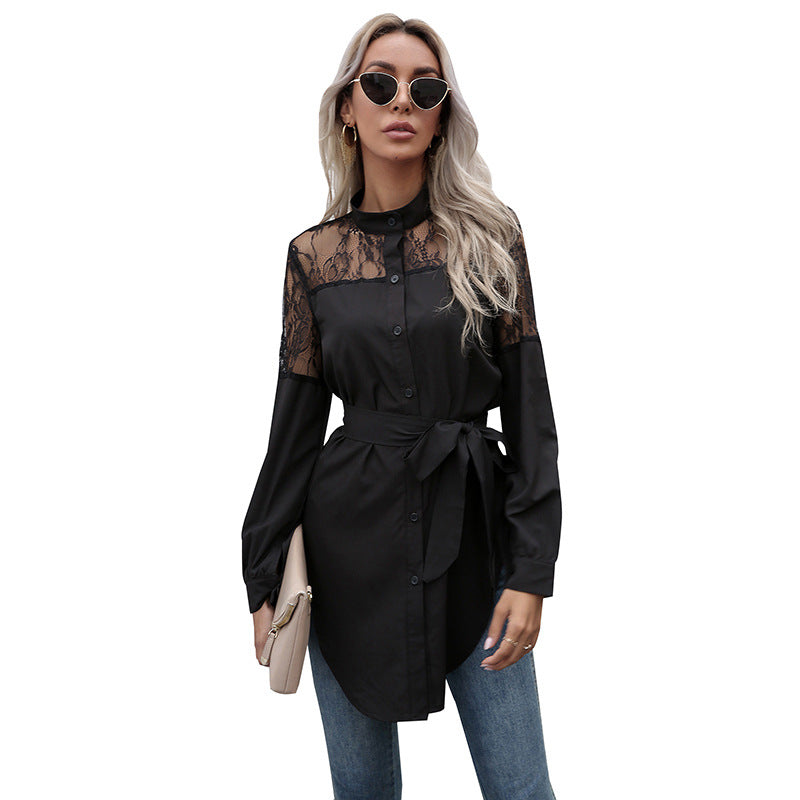 Solid Color Women's Long Round Neck Long Sleeve Waist Black Patchwork Lace Shirt