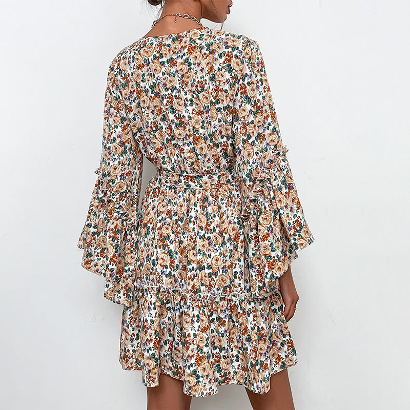 Fashion Women's New V-Neck Print Long-Sleeved Pre-Autumn Dress