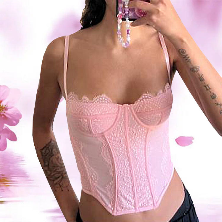 New Lace Embroidery Fishbone Nylon Sexy Chest Halter Hollowed Out Backless Corset Women