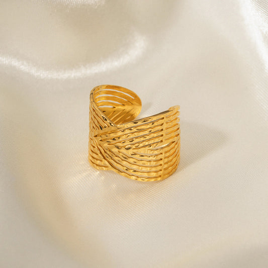 5pcs Niche Design Palace Style 18K Gold Plated Stainless Steel Cross Feeling Wide Open Ring Stainless Steel Ring