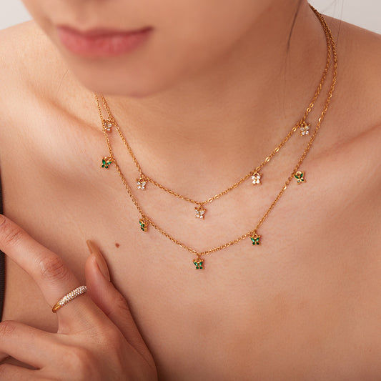 5pcs Women's Fashion Necklace 18K Gold Plated Green/White Zircon Butterfly Pendant Necklace Stainless Steel Butterfly Collar