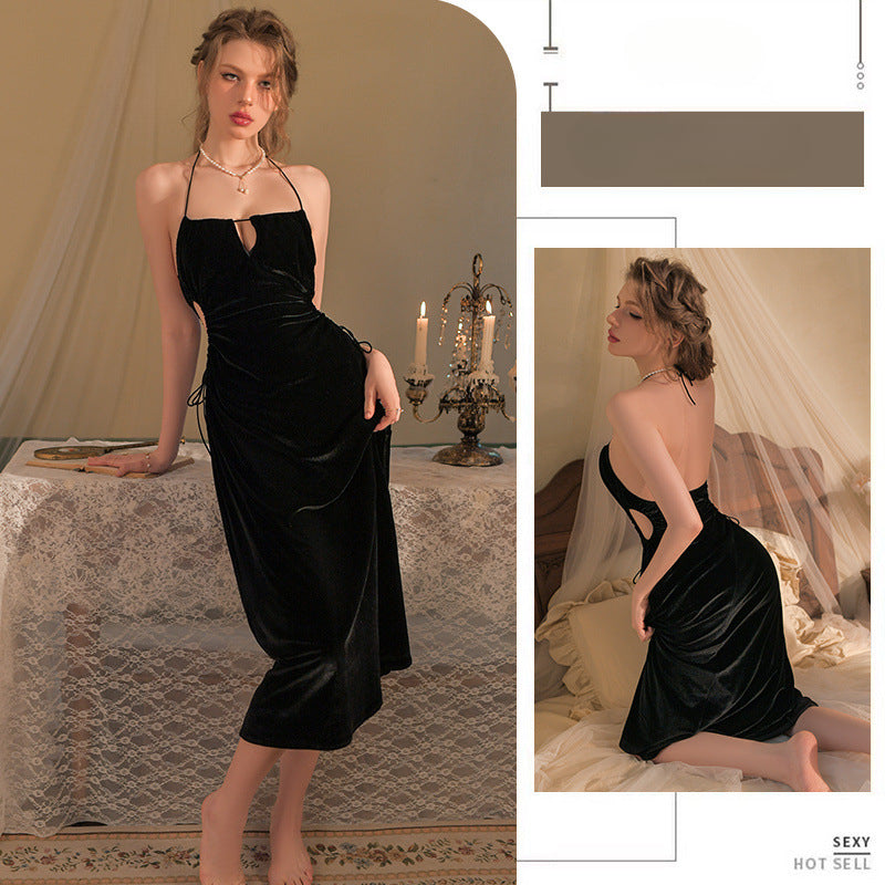 Sexy Pajama Woman Desire To Wind Hollow Out Waist Halter Nightdress Simple Velvet Women's Long Skirt Home Dress Woman