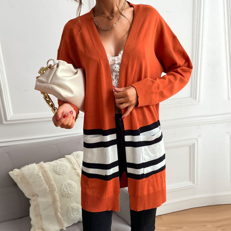 Autumn Fashion Women's Long-Sleeved Color Matching Long Sweater Cardigan