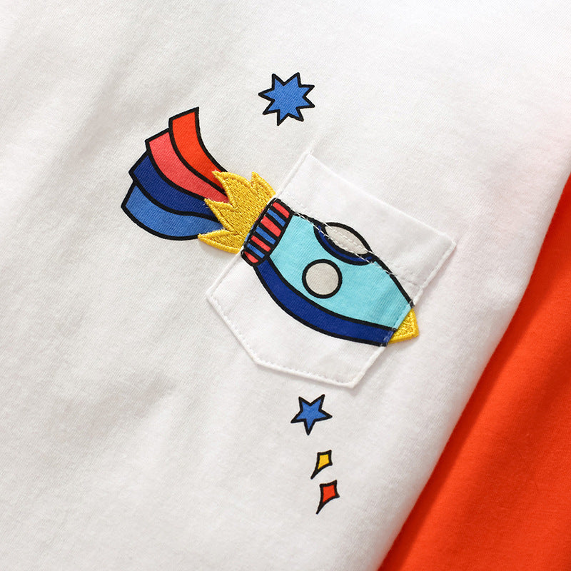 Children's T-Shirt Cartoon Rocket Boy Top Cotton Children's Autumn Children's T-Shirt
