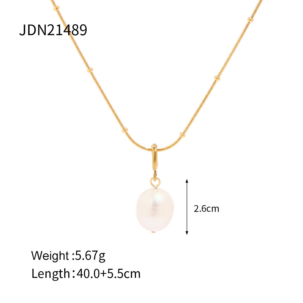 5pcs Fresh Stainless Steel Necklace Does Not Fade Simple Chain Natural Pearl Pendant Necklace Accessories