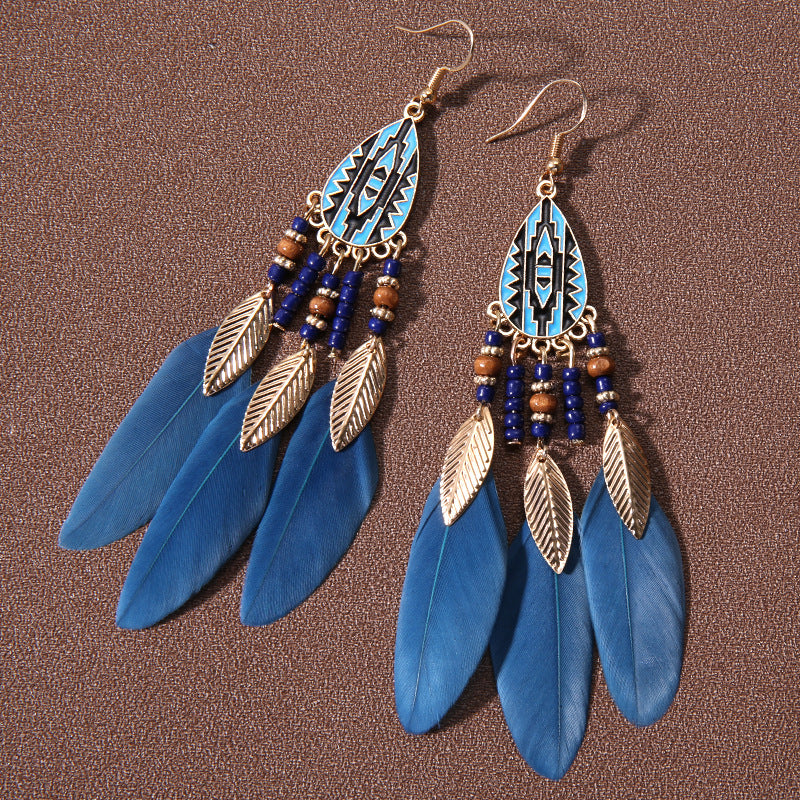 Water Drop Fringe Feather Earrings Women's Long Boho Rice Beads Ears Ethnic Wind Travel Holiday Accessories