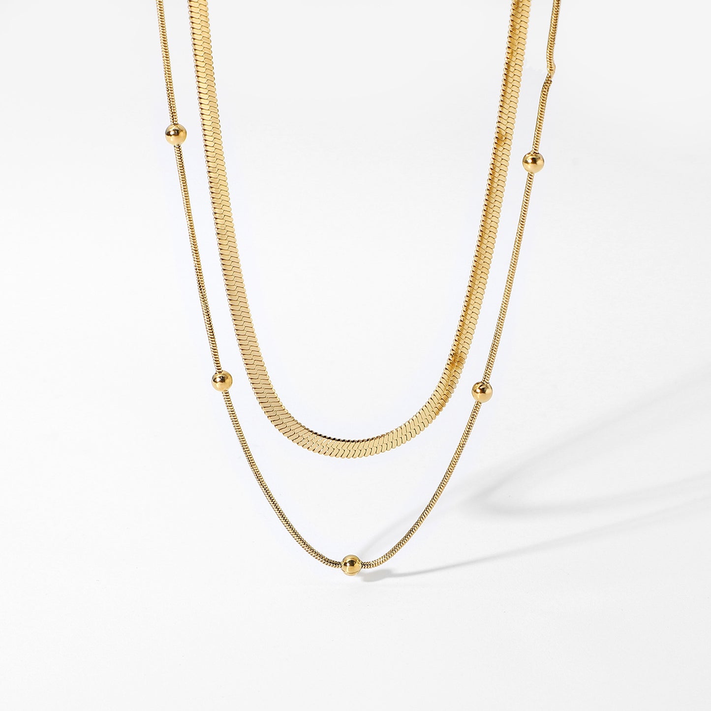 5pcs New Fashion Stack Stainless Steel Collar Necklace 14K Gold Plated Round Bead Chain Jewelry Snake Chain Necklace Women's Style