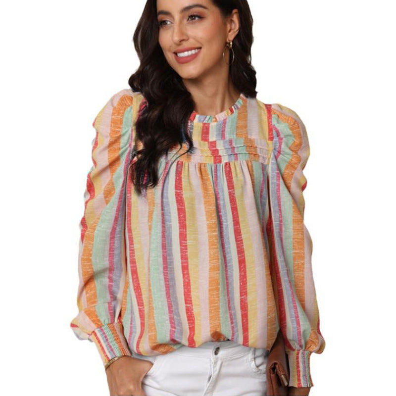 Thin Simple Striped Chiffon Shirt Women's New Autumn Pullover Round Neck Long Sleeve Blouse Women