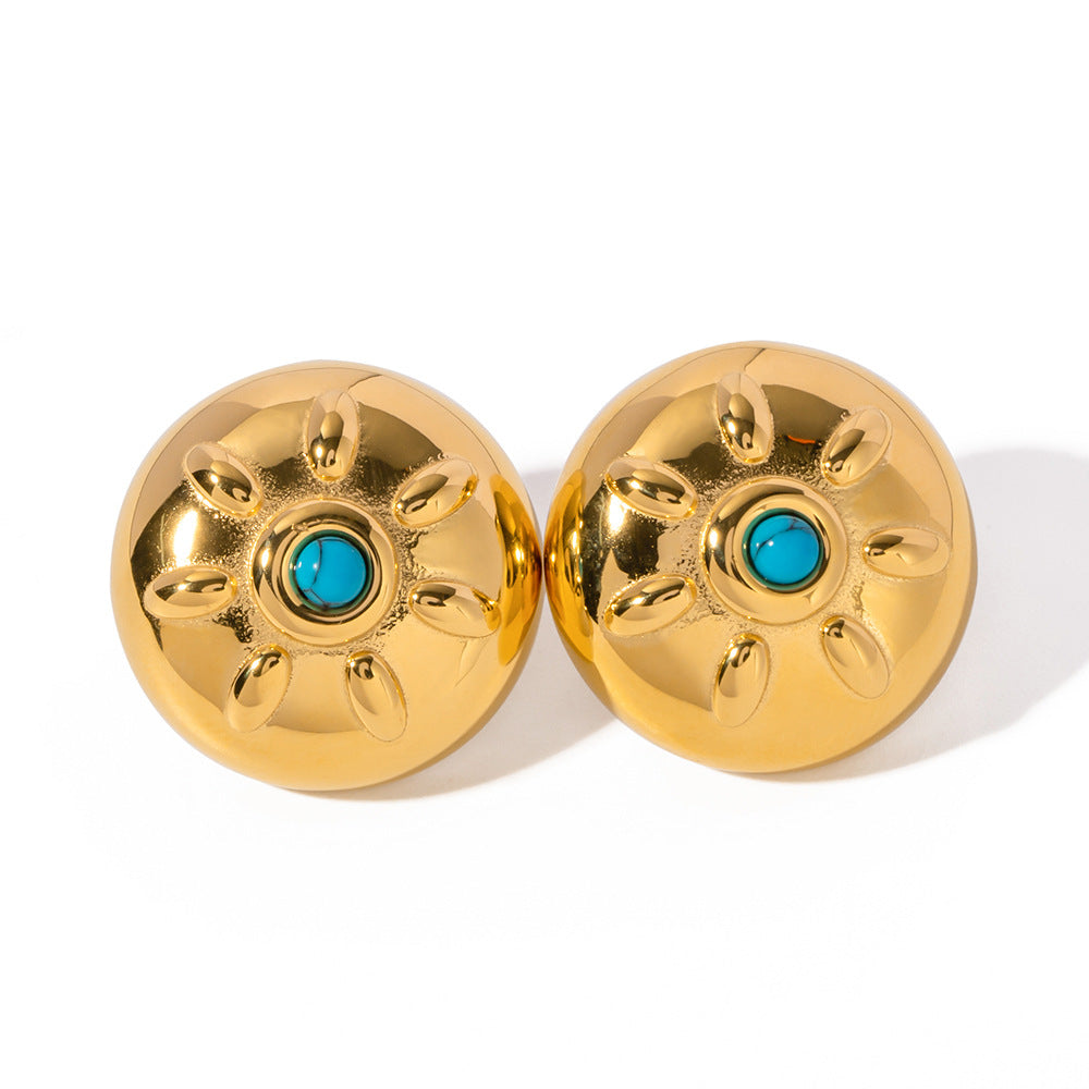 5pcs New Titanium Steel Gold-Plated Earrings Fashion 18-Karat Stainless Steel Inlaid With Turquoise Sun Round Pendant Earrings