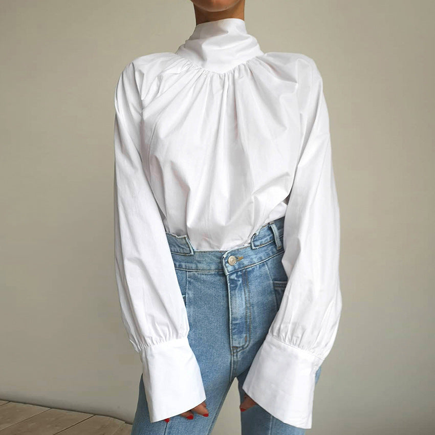 Autumn Bow Shirt Women's High Collar Stand Collar Of Small White Dress Shirt Temperament Top