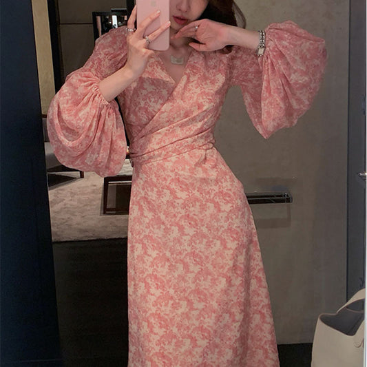 Thirteen Lines Autumn And Winter Women's New Pink Collar Floral Dress Chiffon Lantern Sleeve Long Skirt Long Skirt