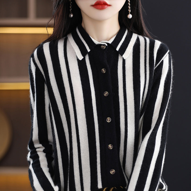 Spring And Autumn New Polo Collar Vertical Stripes Pure Wool Shirt Female Korean Version Patchwork All Matching Thin Wool Knitted Cardigan