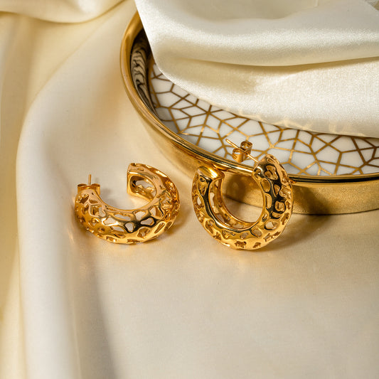 5pcs 18K Gold Stainless Steel Hollow-Out Large C-Shaped Earrings Jewelry