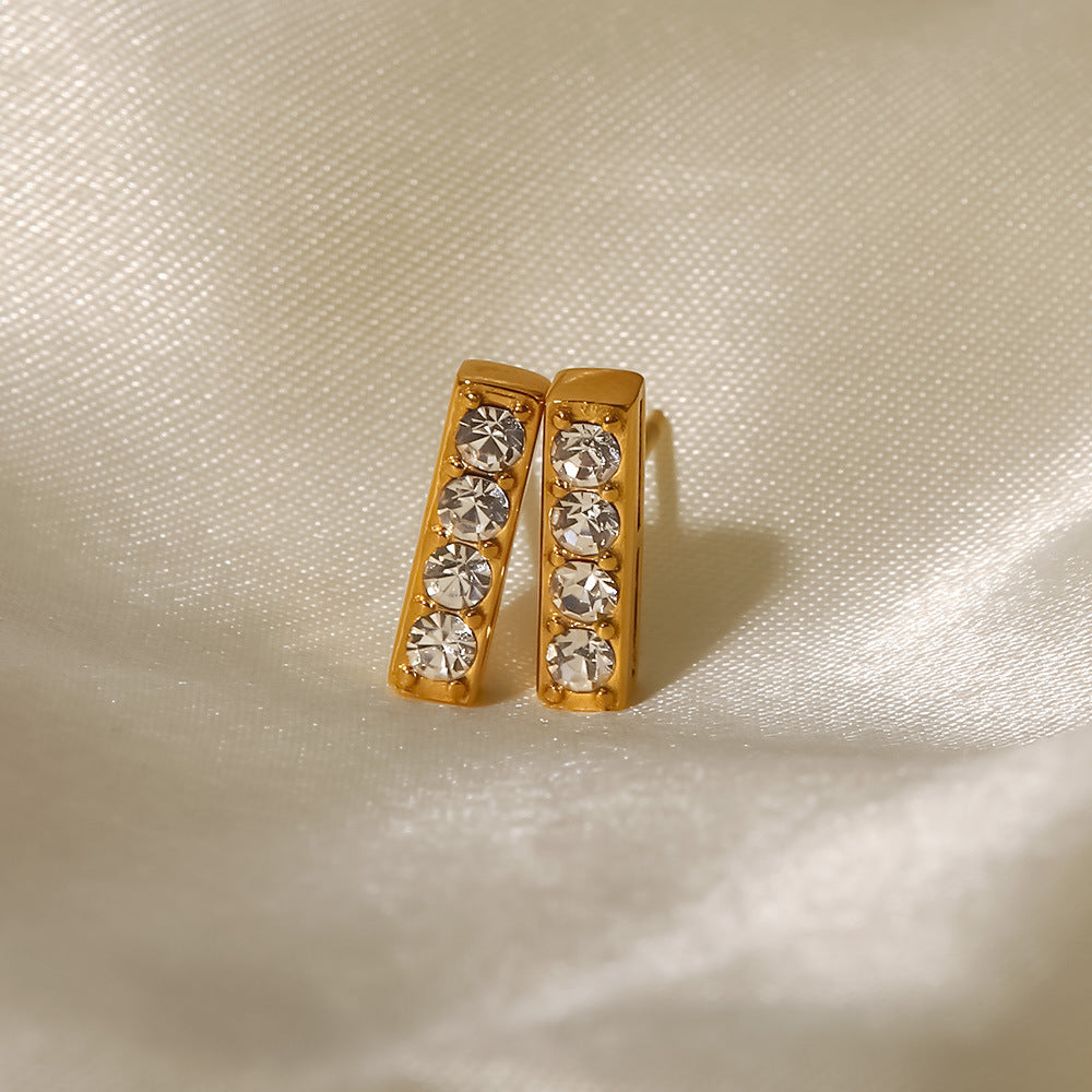 5pcs Women's New Titanium Steel Fine Earrings 18K Gold Stainless Steel Rectangular Inlaid With White Diamond Stud Earrings