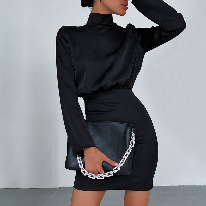 Spring/Summer New Backless Turtleneck Dress Commuter Bow Little Black Dress Dress Satin Ice Silk