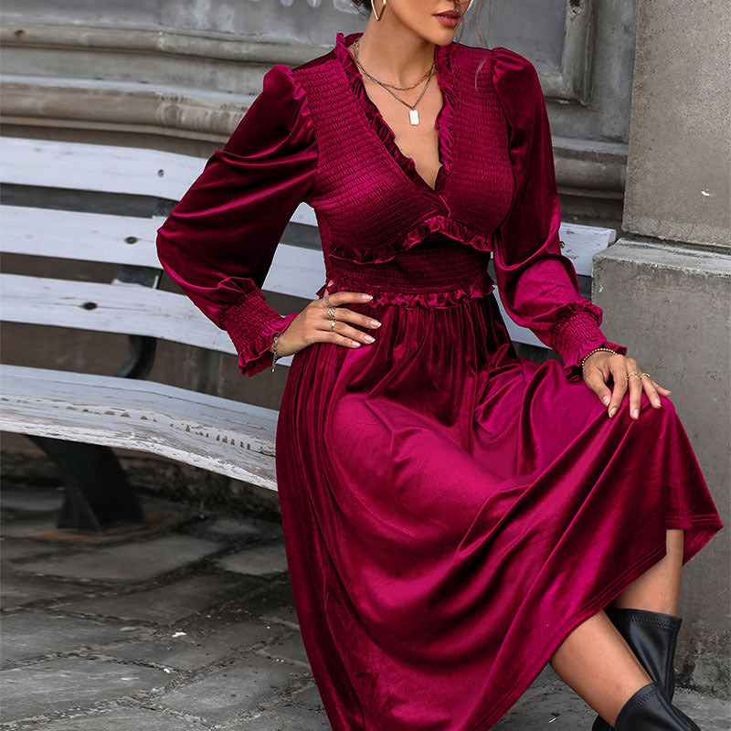 Wine Red Velvet Dress Elegant Maxi Skirt Wooden Ear Edge Play Wrap Design Skirt