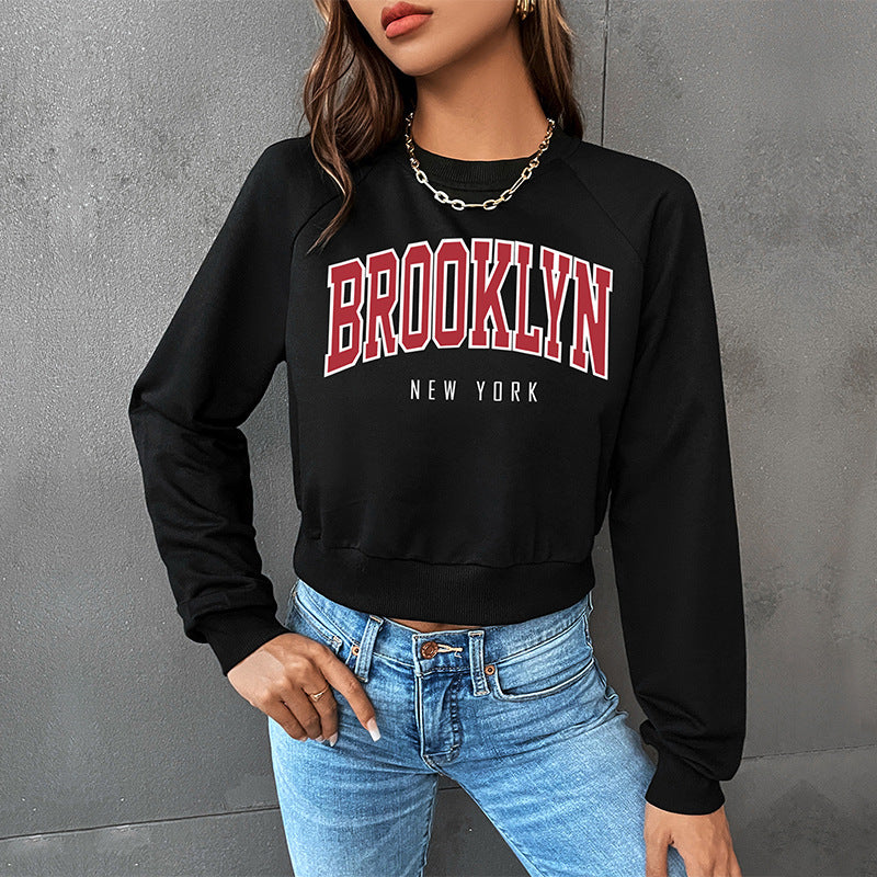 New Autumn Leisure Sports College Wind Top Short Crop Round Neck Letter Hoodie