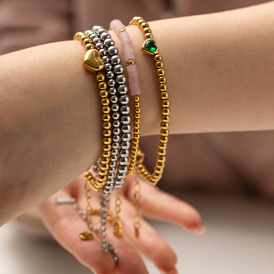 5pcs New Titanium Steel Bracelet 16K Gold Beads Green Love Zircon Bracelet Does Not Fade Jewelry